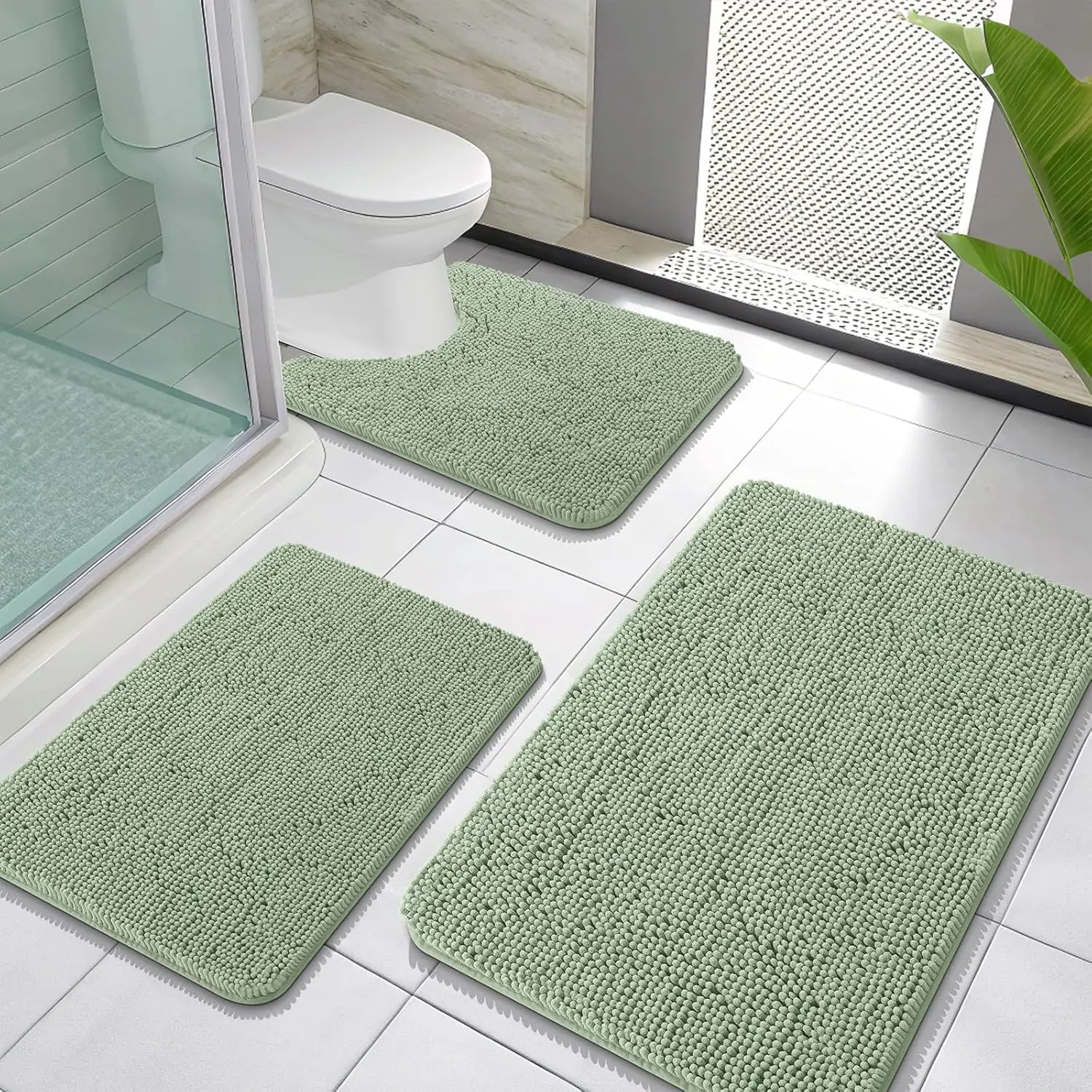 

Soft Absorbent Chenille Bath Mat Set, Quick Dry, Non-Slip Backing, Sage Green (3-Piece)