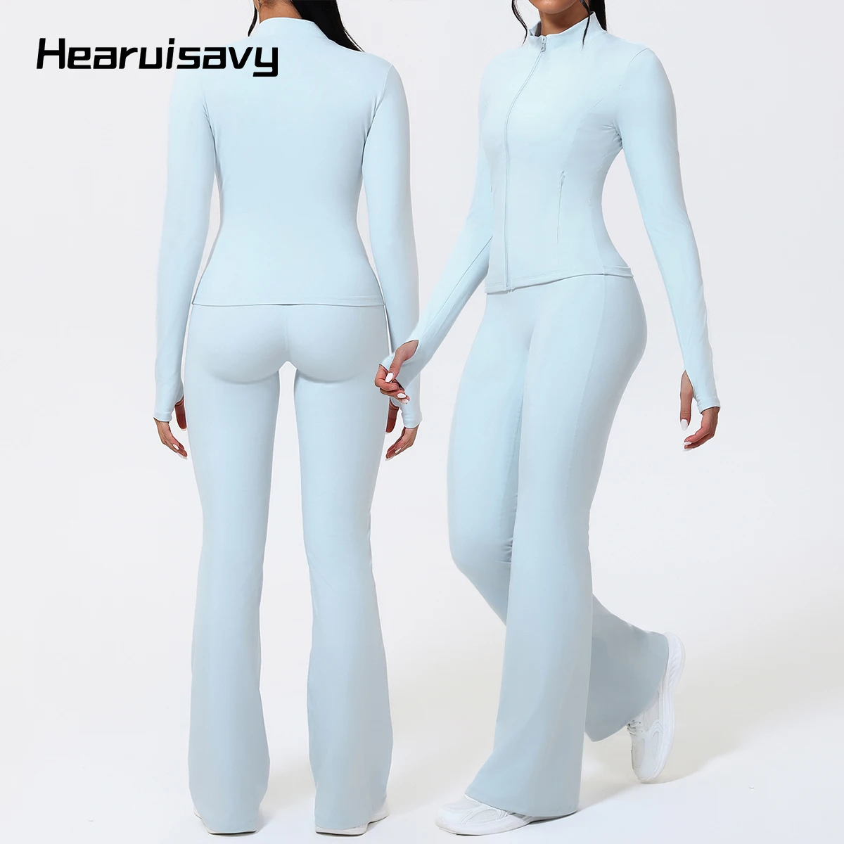 Hearuisavy Summer Women Sports Suits 2Pcs Running Long Sleeve Sports Jacket ECO Yoga Coat With Zipper High Waist Flared Pants