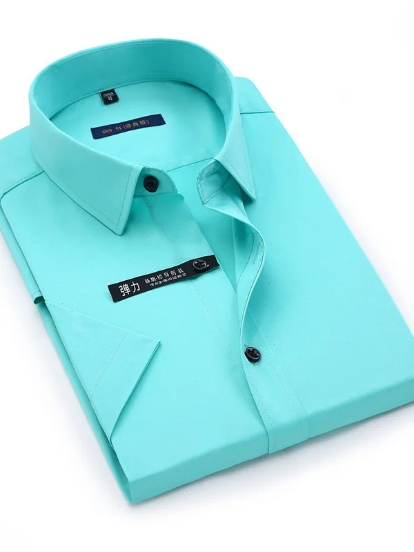 

High-grade Non-iron Bamboo Fiber Men's Shirt Short Sleeve Ultra Slim Fit Commute Suitable PU Leather Fabric Cleanfit Style