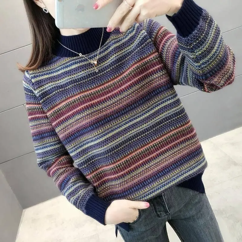 Women Autumn Winter Korean New Half High Neck Pullover Sweater Loose Lazy Striped Warm Knitted Shirt Versatile Long Sleeve Tops