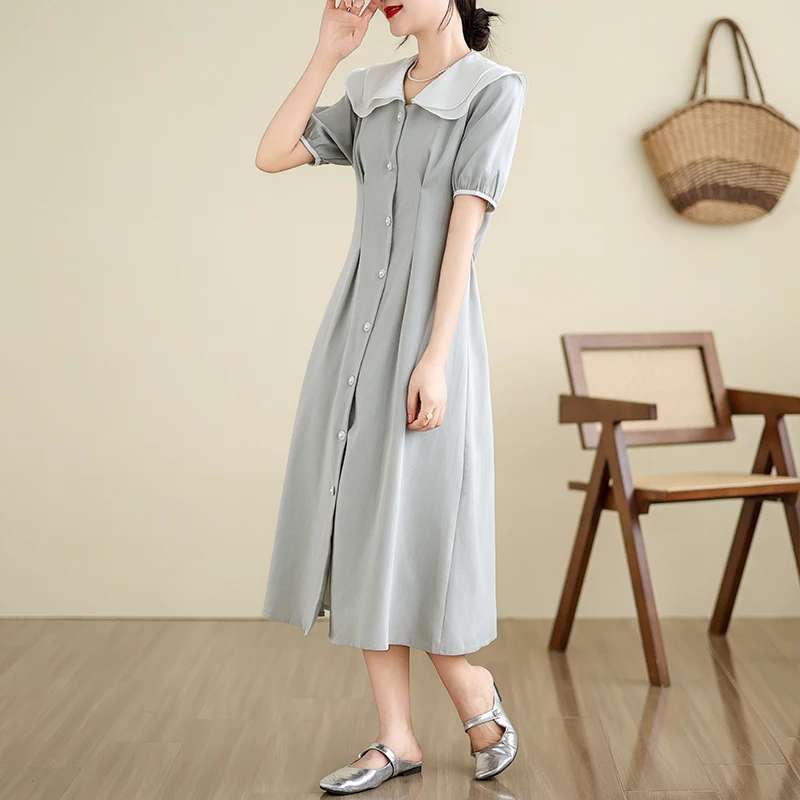 Women Long Shirt Dresses Summer Female Doll Collar Short Sleeve Large Size Elegant A Line Casual Black Green Polyester Vestidos