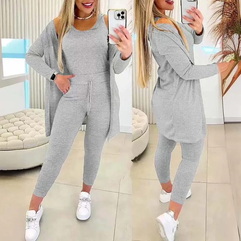 Women\'s Three-piece Pant Set Causal Nightgowns High Stretch Comfortable Jacket + Vest Top + Pants Suit 2024 Autumn Winter Home