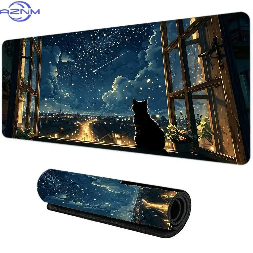Cute Cat Night Sky Star Mouse Pad Large Computer Office Game Table Mat Rubber Anti-slip Stitched Keyboard Mat  XXL Desk Pad
