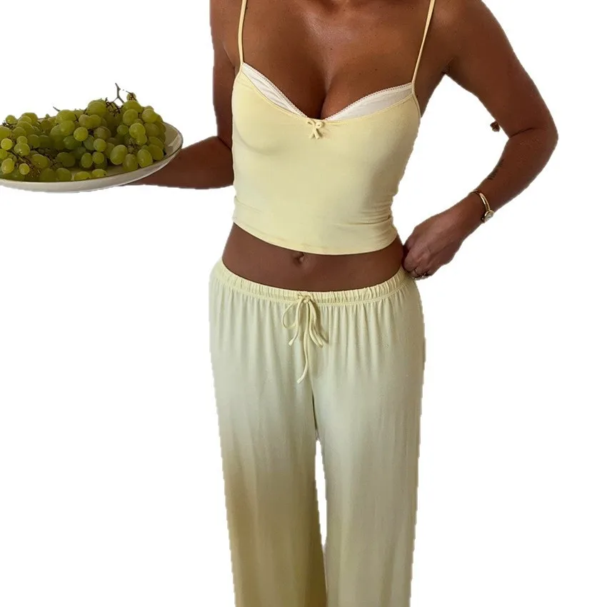 Summer Women's Clothing Deep V Neck Bow Tie Cami Pajama Set Long Pants Night Wear For Ladies Polyester Thin Lingerie Set view 5