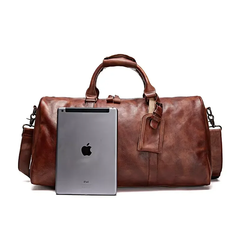 Retro men's leather handheld weekend travel sports bag large capacity multifunctional messenger bag travel fitness