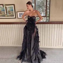 Black Sexy Strapless Prom Dress Sleeves Feather Sweep Train Gown For Women Zipper Tulle Dress Formal Wedding Party Customized