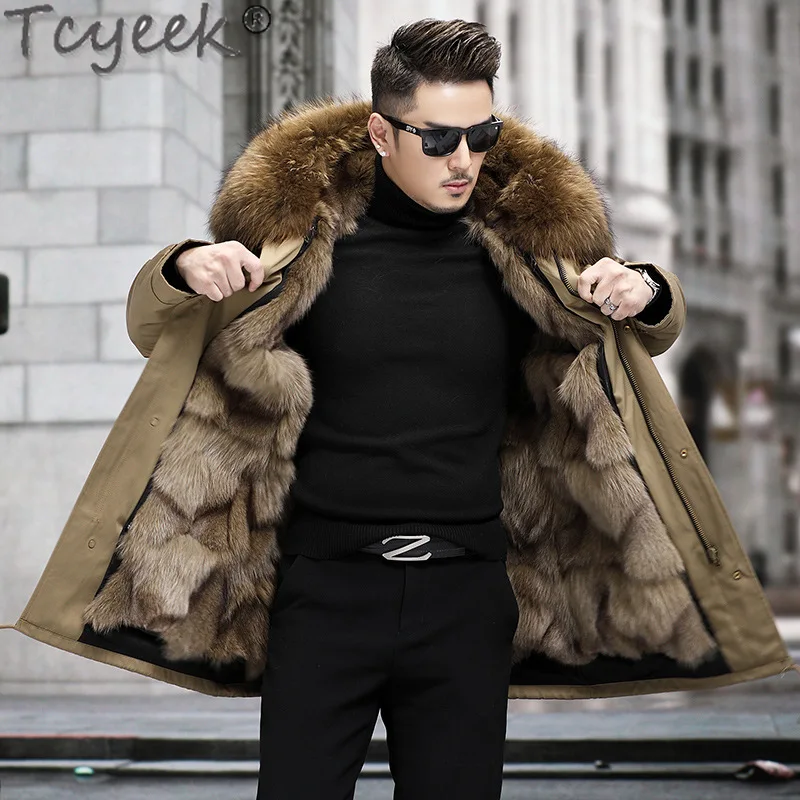 Tcyeek 2023 Raccoon Fur Collar Winter Jacket for Men Warm Fox Fur Liner Detachable Coat Man Clothes Fashion Real Fur Parka Khaki