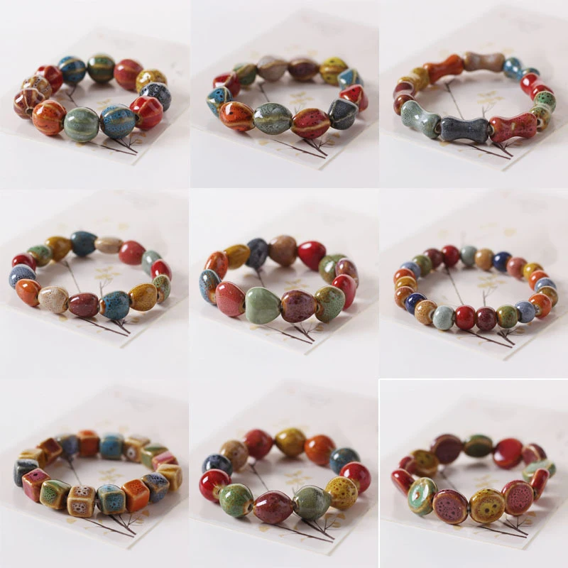 Ethnic Style Fashion Glaze Ceramic Beaded Dainty Bracelet Strand Bracelet Multicolor Elastic Shell/Fruit/Bone Shape Ceramic Bead