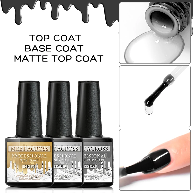 

MEET ACROSS 8ML No Wipe Base Top Coat Color Gel Nail Polish Matte UV Top Coat UV LED Soak Off Nail Art Gel Varnish varnish