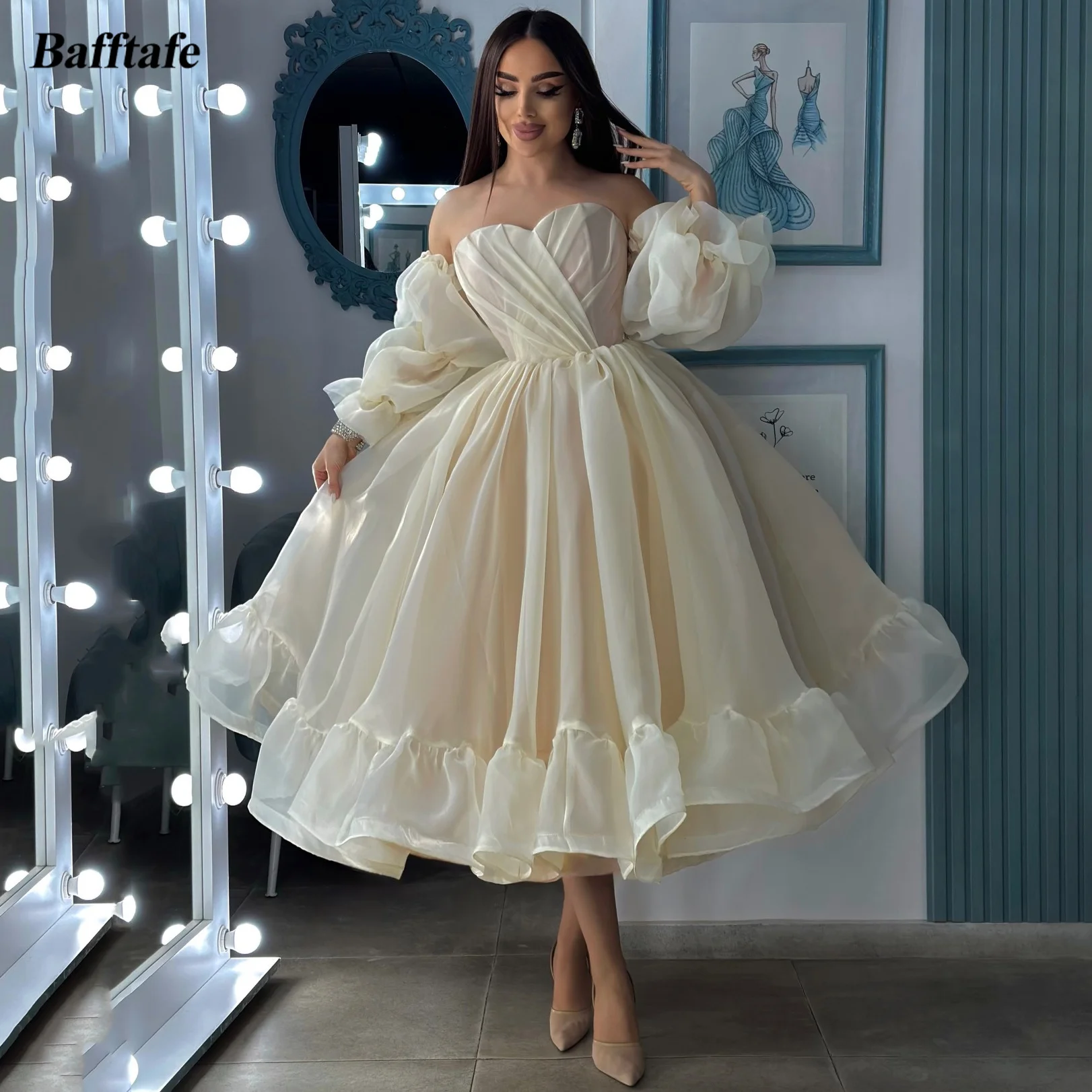 

Bafftafe Light Champagne Organza Prom Dresses Customized Arabic Women's Evening Dress Puff Long Sleeves Wedding Engagement Gowns