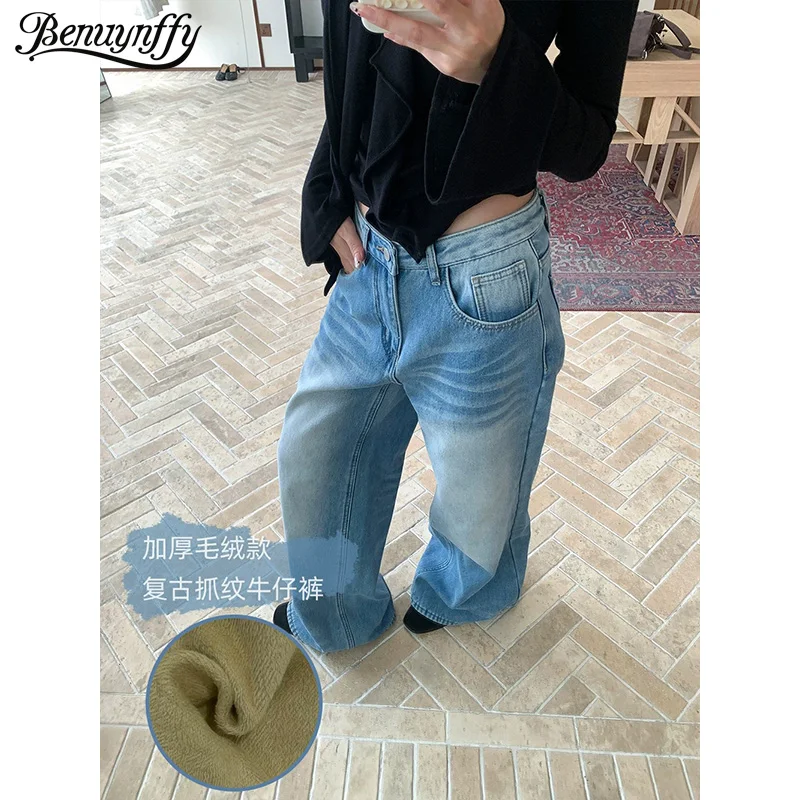 

Benuynffy 2025 Autumn Winter Thick Fleece Wide Leg Jeans for Women Y2k Street Retro Washed Distressed Straight Denim Trousers