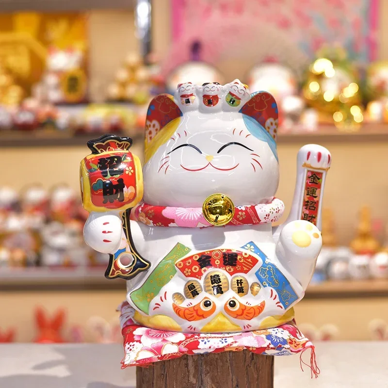 

9 Inch Large Ceramic Automatic Rocking Hand Lucky Cat Ornament Store Opening Gift Cashier Decoration Home Entrance Decoration