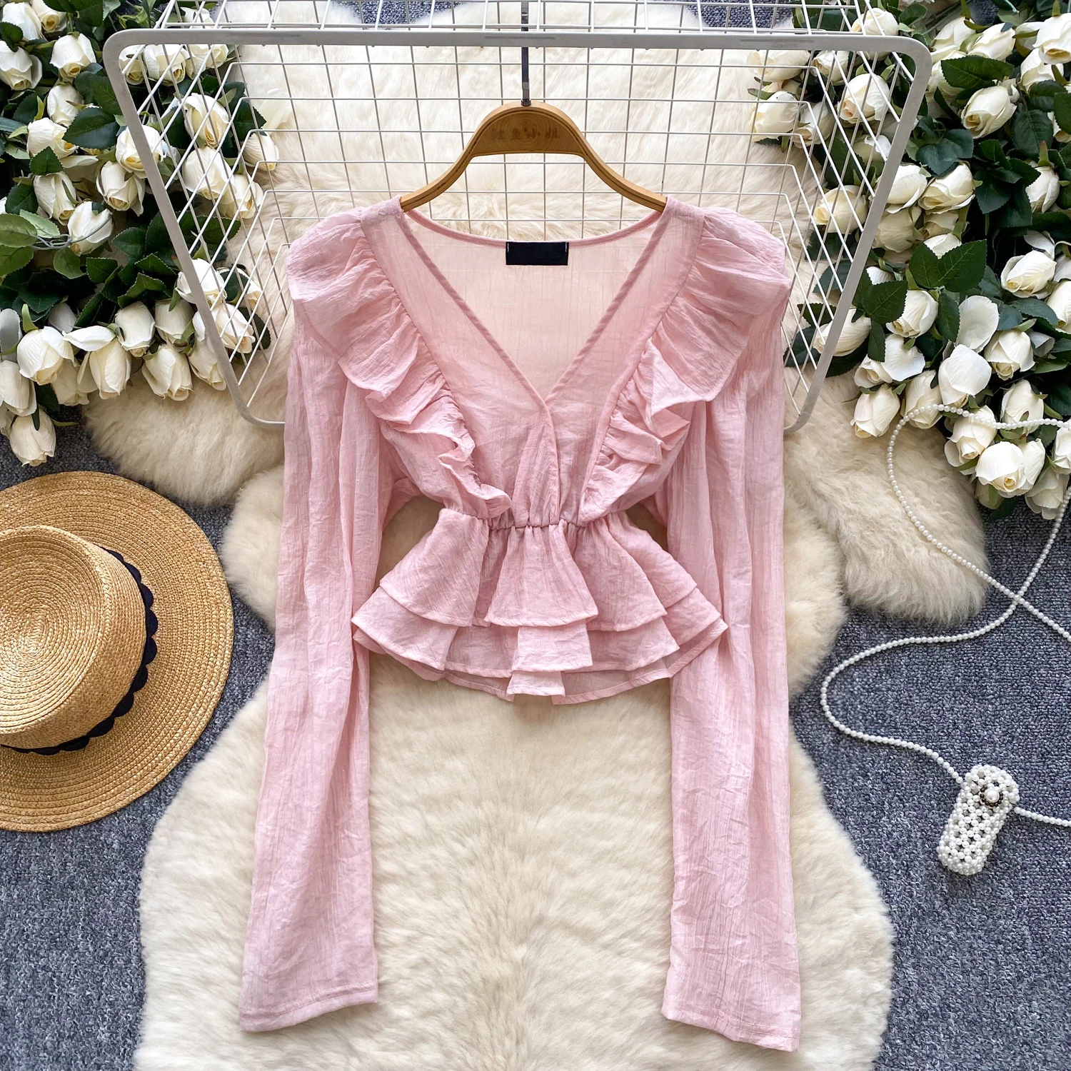 

Vintage Elegant ruffle V-neck Blouse Fashion Shirt Chic Top hotsweet Fairy Summer Women Shirt