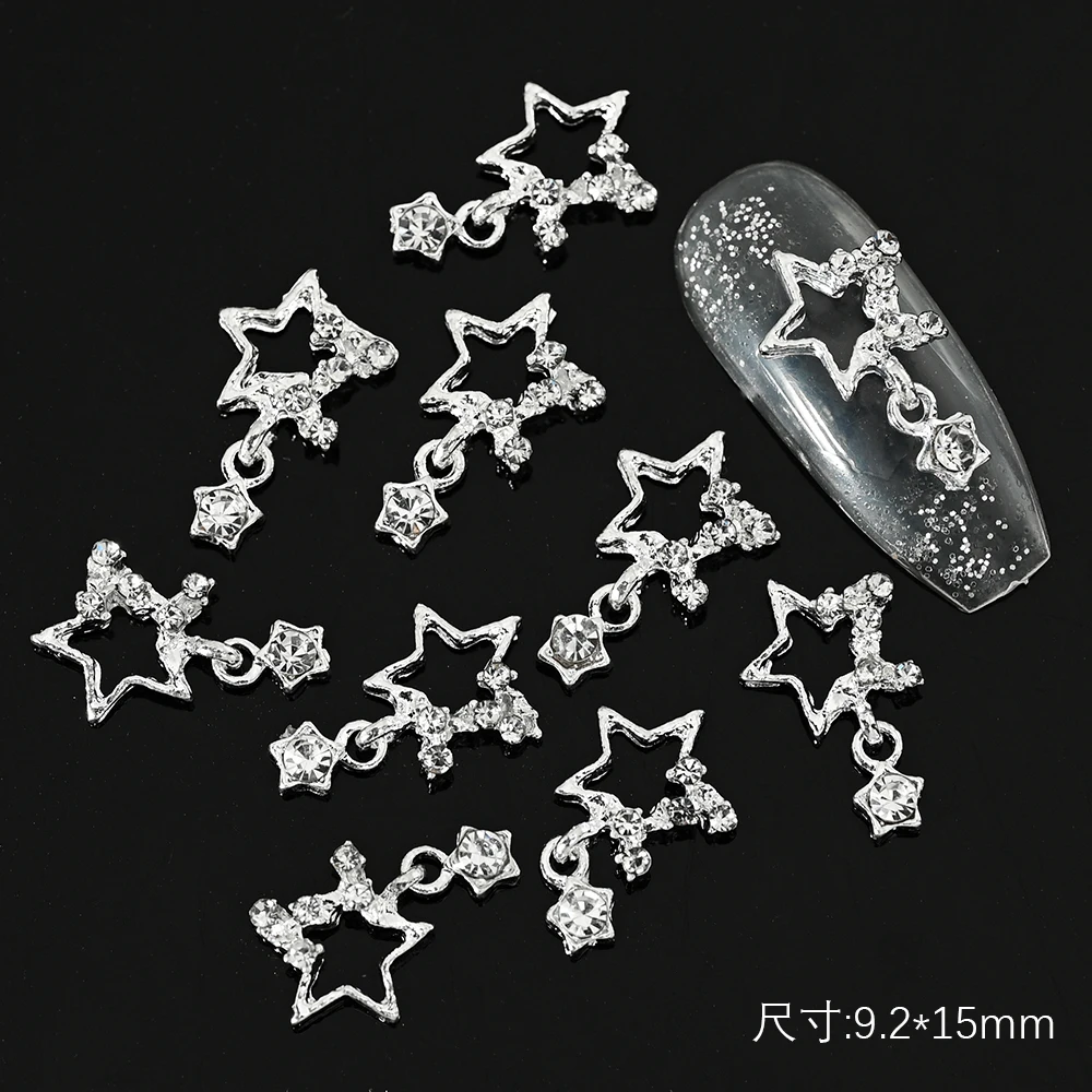 10pcs 3D Silver Pentagram Star Nail Art Alloy Rhinestone Luxury Metal Star Charms Nails Jewelry Gem Manicure Nail Art Decoration
