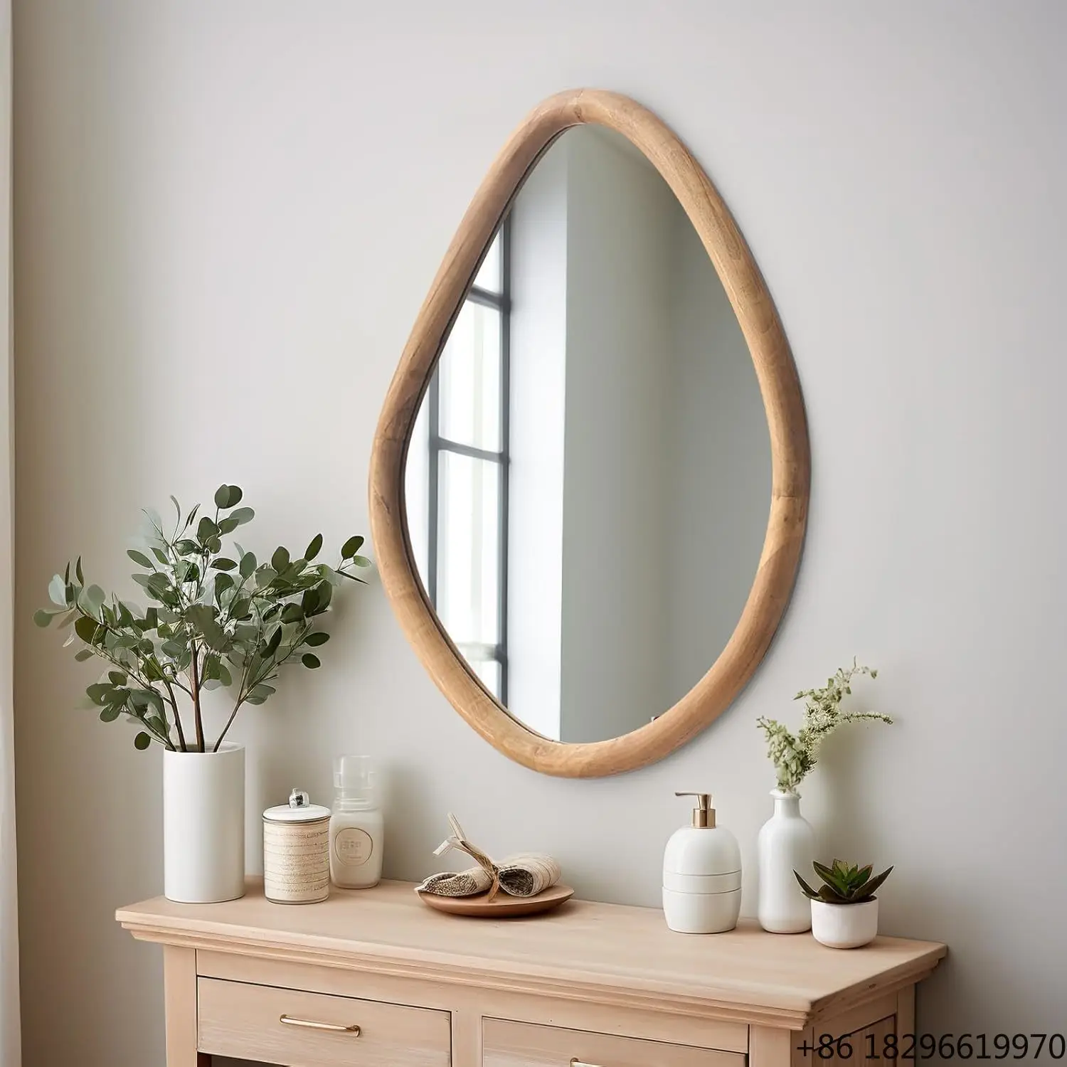 

Natural Wood Irregular Wall Mirror Modern Farmhouse Dressing Mirror For Bedroom Vanity Table Living Room