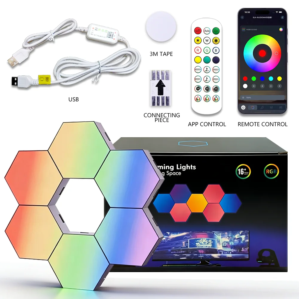 RGB Smart Hexagonal Wall Light Color-Changing Ambient Night Light DIY Shaping Sound Activated Smart Light for Game Room Bedroom