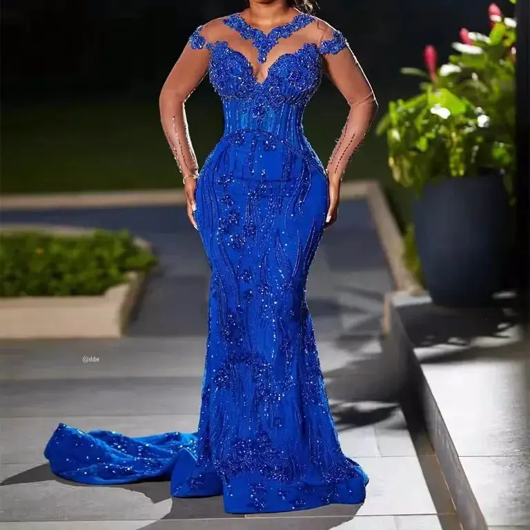

Вечернее платье королевского синего цвета 2025 года с длинными рукавами, расшитое бисером и стразами для вечеринки, платье для второго приема, африканское черное женское платье