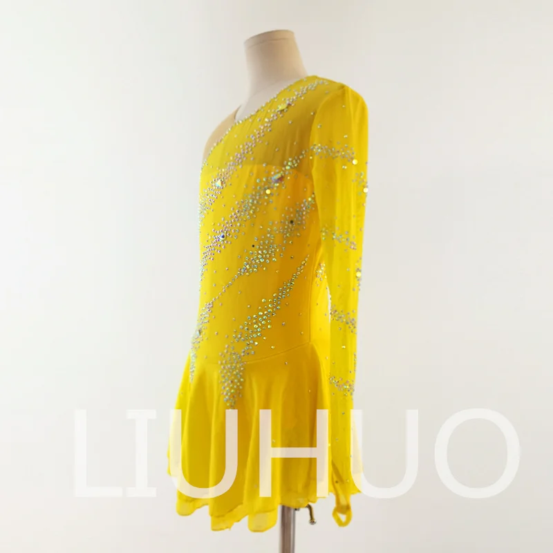 LIUHUO Abito da pattinaggio artistico su ghiaccio Ragazze Donne Adolescenti Abito da competizione giallo in spandex elastico all'ingrosso