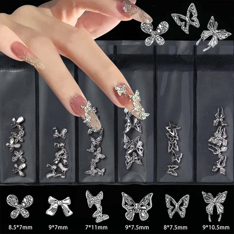 1 Pack 3D Silver Alloy Butterfly Heart Bowknot Metal Charm Gliter Nails DIY Manicure Decoration Nail Art Jewelry Decor