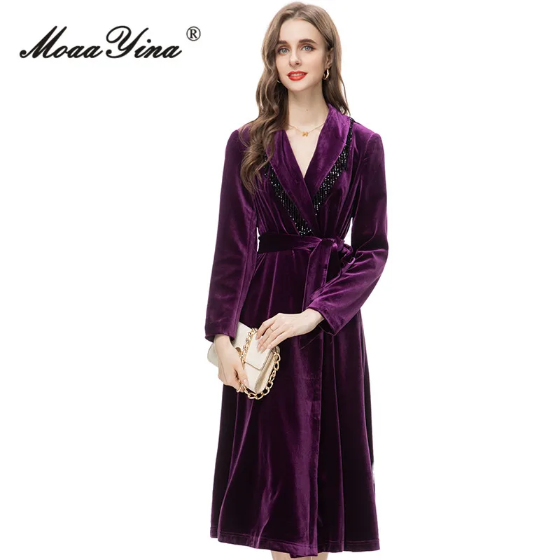 MoaaYina Winter Fashion Designer Vintage Velvet Trench Coat Women's Lapel Beading Frenulum Gathered Waist Slim Long Trench Coat