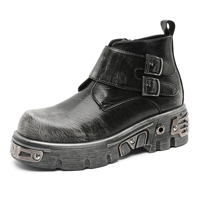أحذية رجالية كبيرة الحجم على الموضة ذات نعل سميك على الطراز القوطي الفضي والبني أحذية مصممة على شكل رعاة البقر بإبزيم مزدوج للكاحل للرجال
