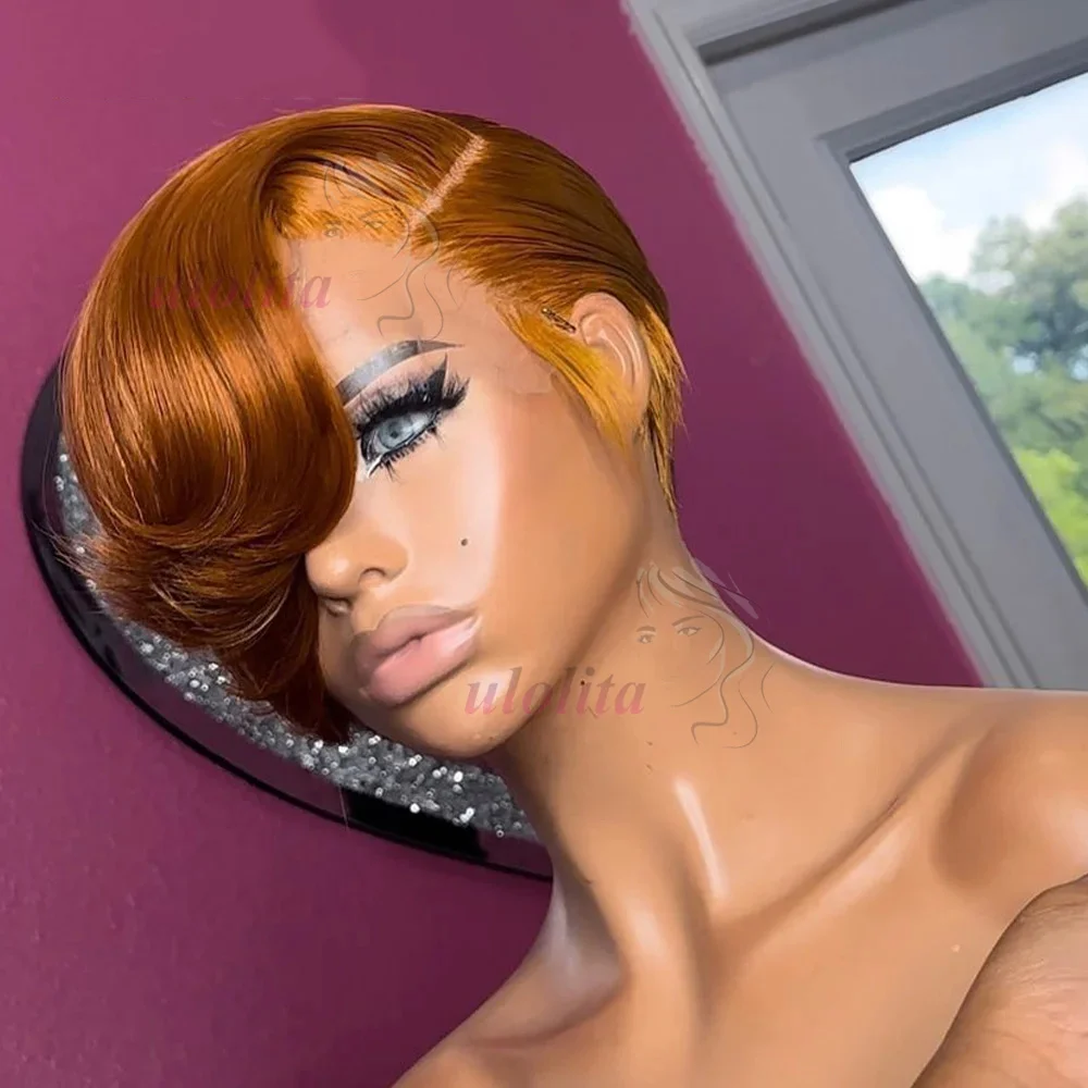 Ginger 13x4 Lace Frontal Wig Brazilian Remy Human Hair Wigs For Black Women Wavy Preplucked Hairline 613 Short Bob With Bangs