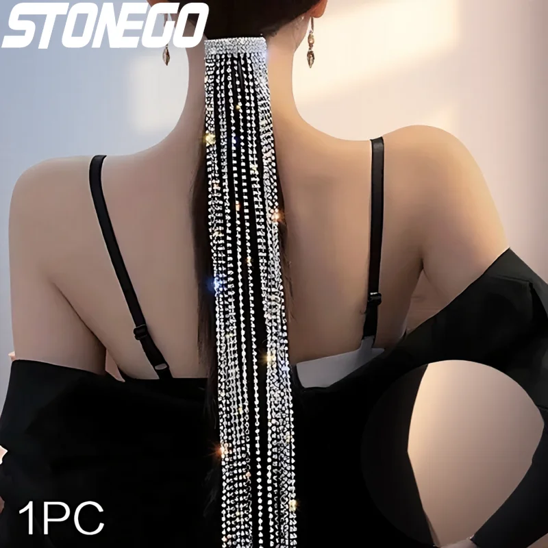 

Long Fringed Chain Hair Accessory Spring Clip Ponytail Holder Exaggerated Sparkling Diamond Tiara Hair Clip for Women Girls