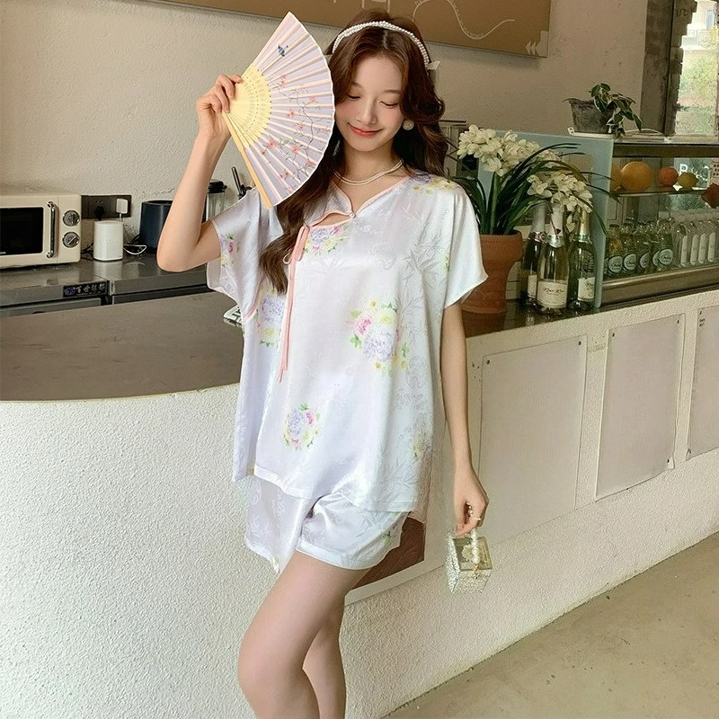 New Chinese-style Satin Summer Ice Silk Thin Pajamas Femininity National Style Suit Loungewear Can Be Worn Comfortably Comfort