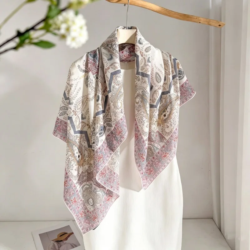 Women Luxury Large Square Scarf 108x108CM 100% MULBERRY SILK Retro Ethnic Paisley Floral Multi-use Shoulder Neck Bag Accessory