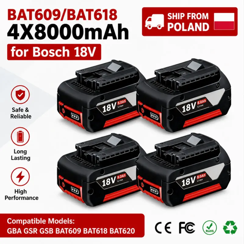EU-Lager 100% Neu 18V 8,0Ah 18650 Lithium-Ionen-Ersatzakku Kompatibel mit BOSCH Professional BAT609 BAT609G BAT618 BAT618G 18V Akku-Werkzeug-Akkupack