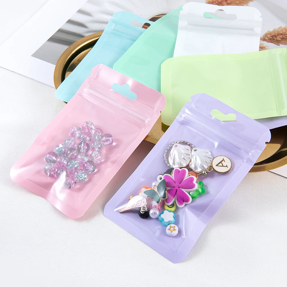 50Pcs Macaron Color Sealing Bags with Transparent Window Plastic Candy Food Pouch Resealable Necklace Jewelry Gift Packaging