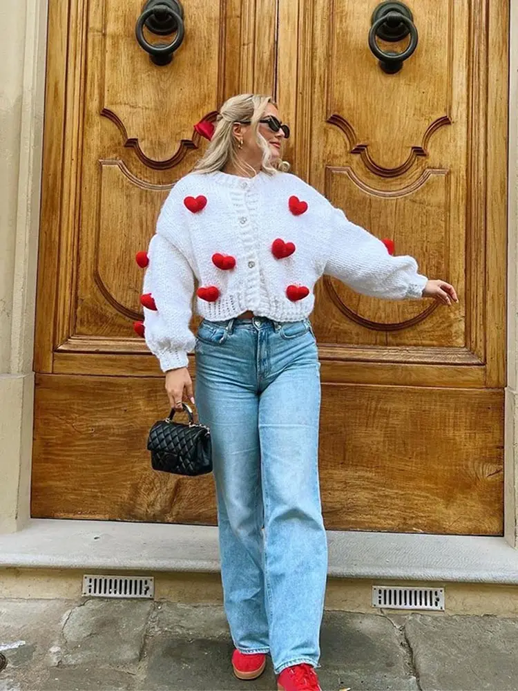 Fashion 3d Hearts Knitted Women Cardigan Elegant Round Neck Single-breasted Long Sleeve Loose Sweater Female Autumn Street Coats