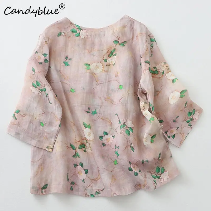 Camisa rosa das mulheres 2023 verão novo design sentir botão de disco curto estilo chinês topo casual elegante camisa selo roupas femininas