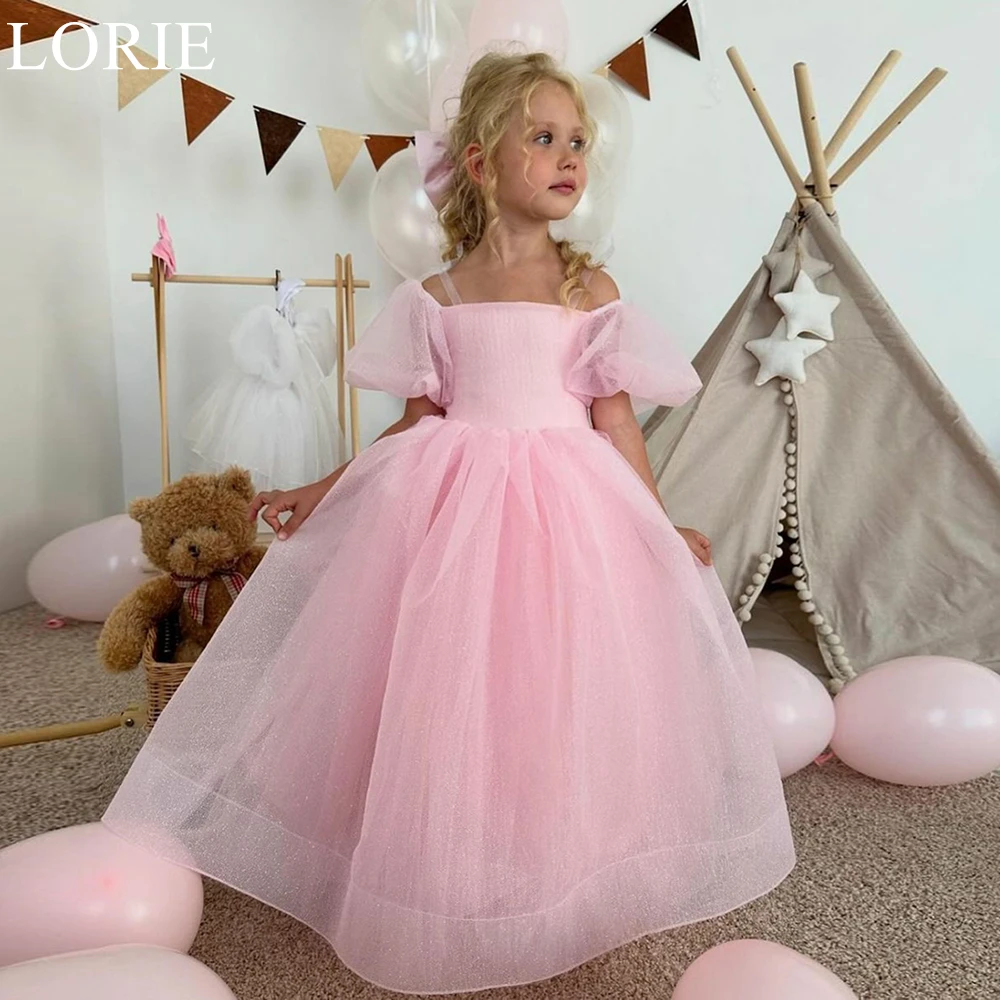 LORIE Pink Cute Flower Girl Dresses Lace-up A-Line Pleated Puff Sleeves Wedding Party Dress 2024 Birthday Party Dress Customized