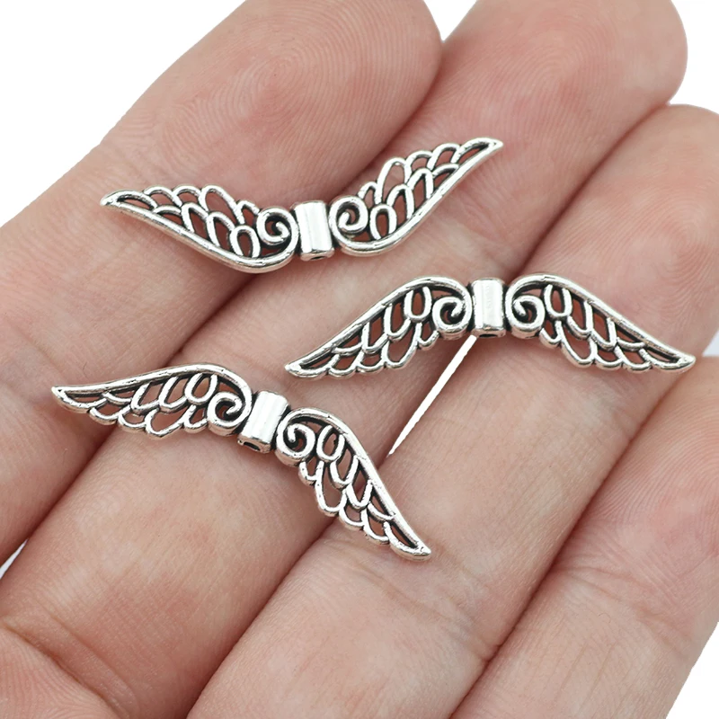 High Quality 100 Pieces/Lot Diy Jewelry Accessory Spacers Beads Antique Silver plated Angel Wing Beads For Jewelry Making