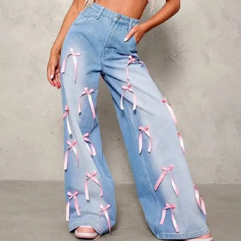 

Джинсы с высокой талией и бантом, уличные потертые свободные джинсовые широкие брюки для женщин, европейско-американские уличные брюки