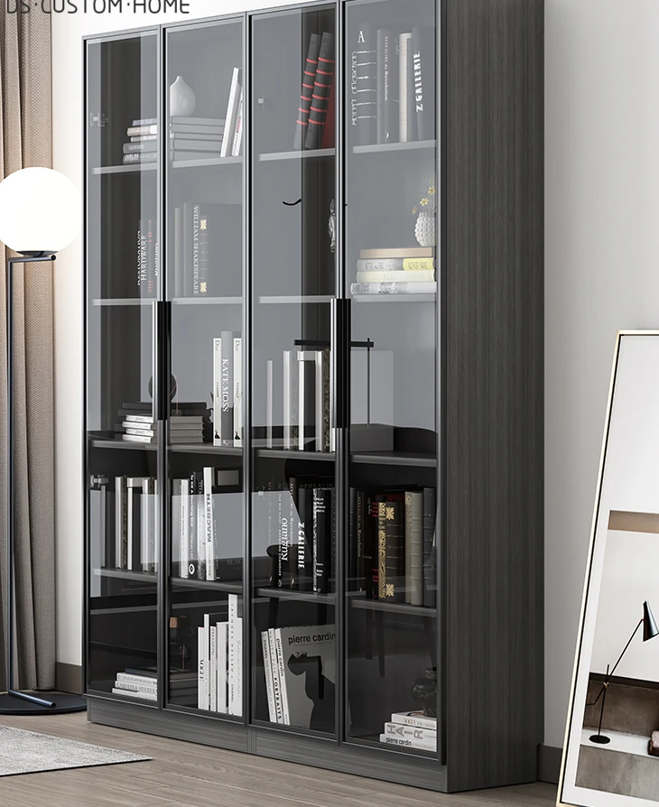 Floor to floor bookcase with glass door, combined bookshelf, minimalist modern handmade display living room