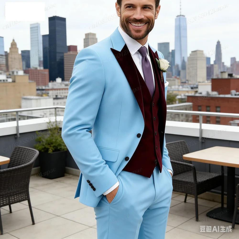 

Men's Formal Purple Velvet Tuxedo 3-Piece Suit Black Wedding Groomsmen Best Man Ceremony Party Ball Smocking for Business