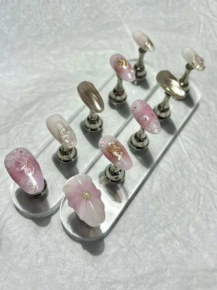 10 stuks elegante en prachtige handgemaakte pers op nagels blush perzikbloesem golflijnen nepnagels verwijderbaar en herbruikbaar