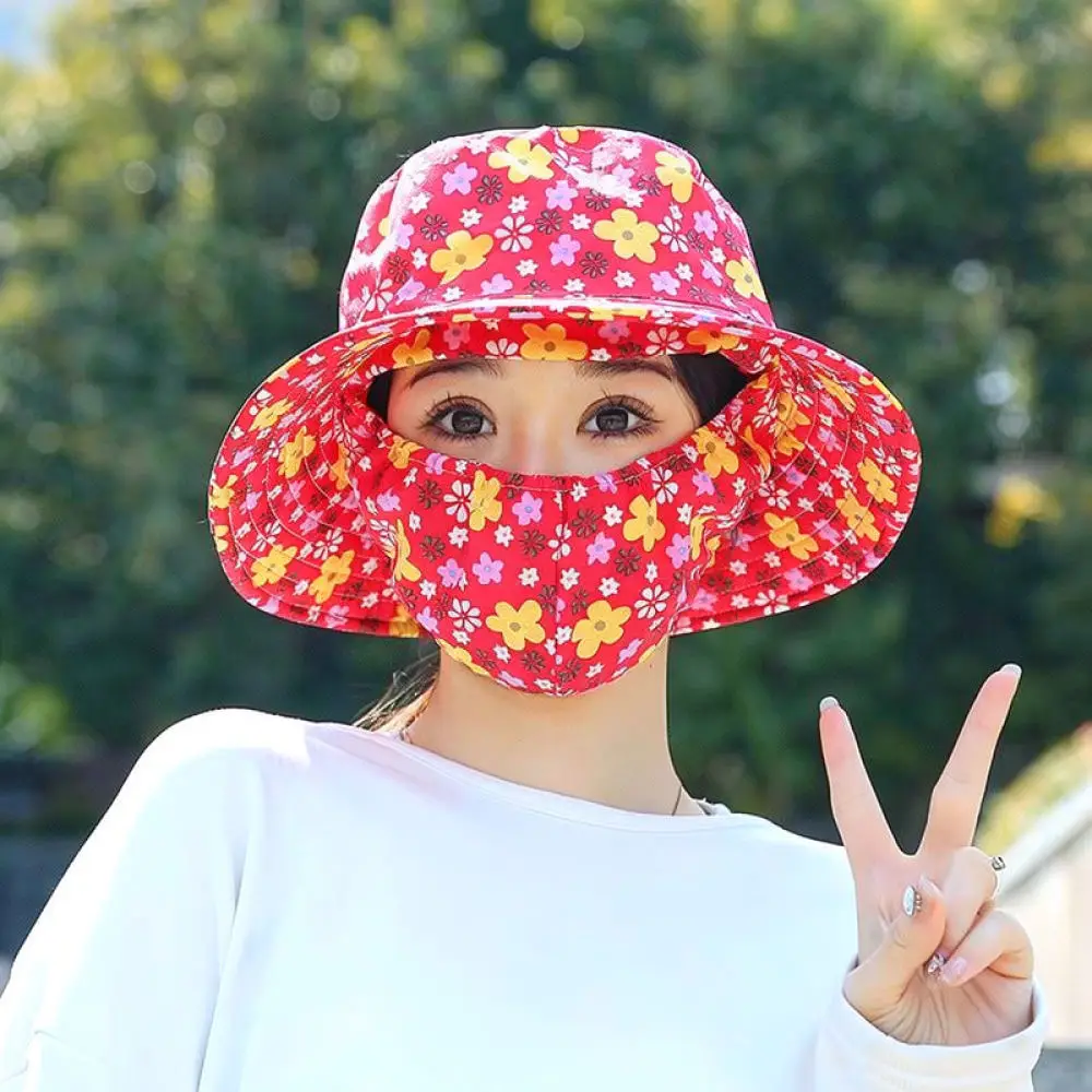 Summer Floral Flat Top Sun Hat With Face Mask Gardening Cap Breathable Outdoor UV Protection Wide Brim Bonnet