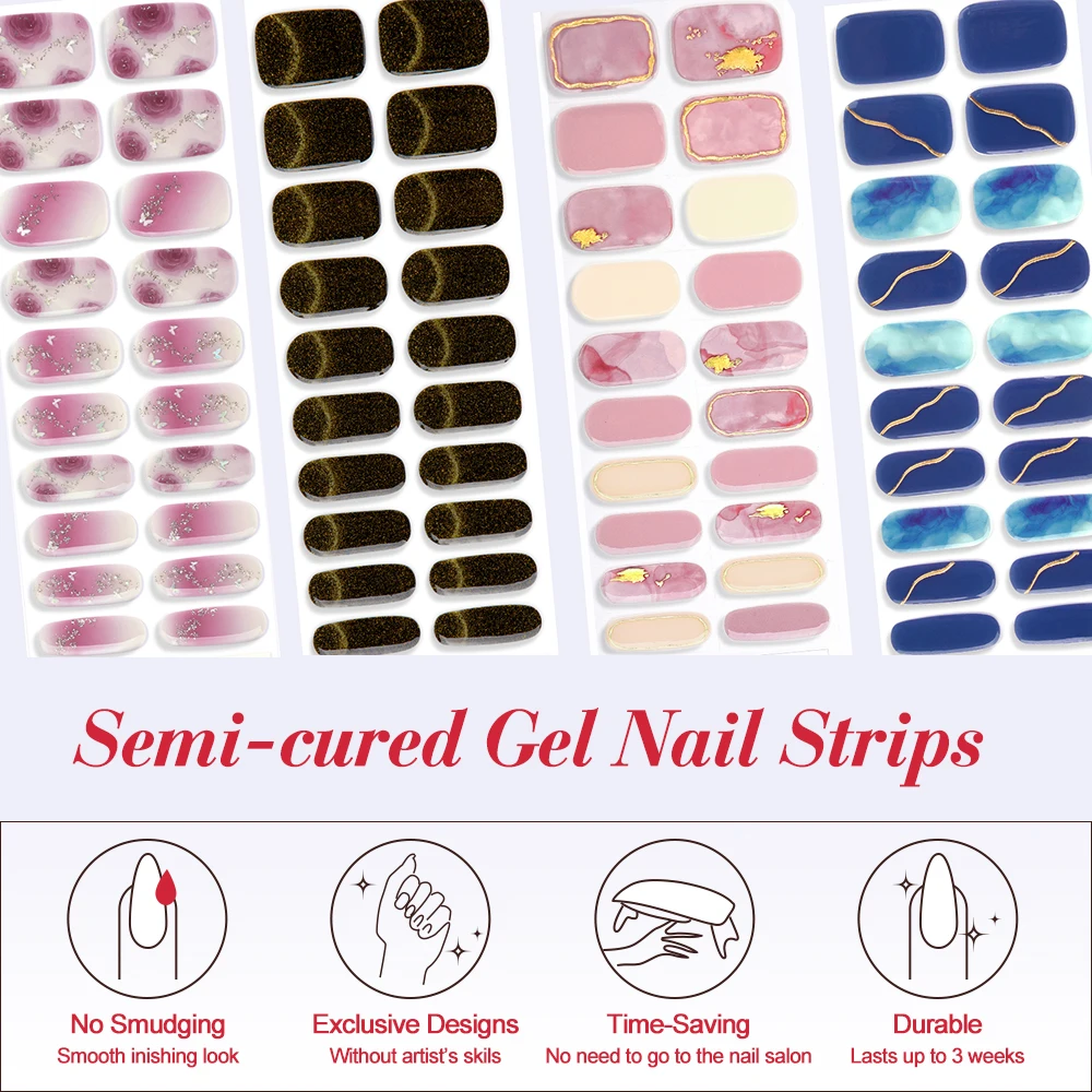 Semi-cured Gel Nail Strips 16/20 Tips Self Adhesive Stickers DIY Nail Manicure Gel Nail Wraps Decals Need Dry Under UV Light