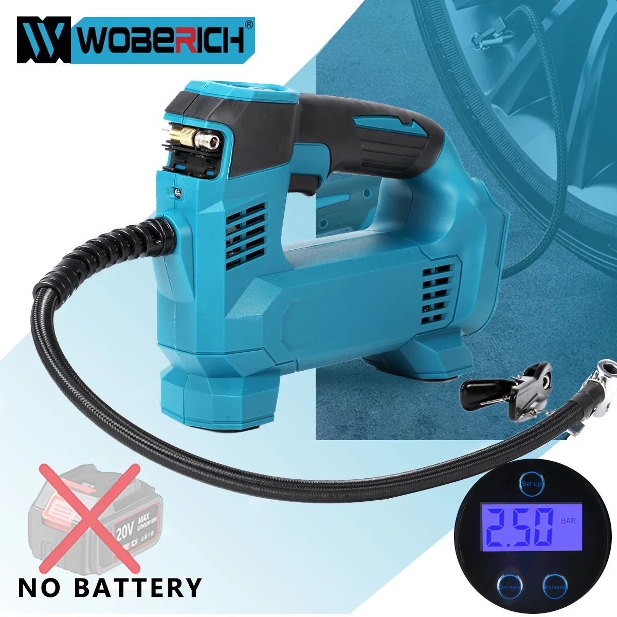 

WOBERICH Cordless Electric Air Pump For Car Bicycle Tires Balls Portable Car Tire Inflator Air Compressor(No battery) For Makita