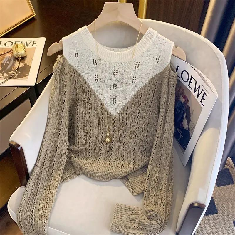 Fashion Hollow Out Sexy Off Shoulder Color Matching Blouse Women New Classic Long Sleeve Slim O-collar Knitting Lady Top