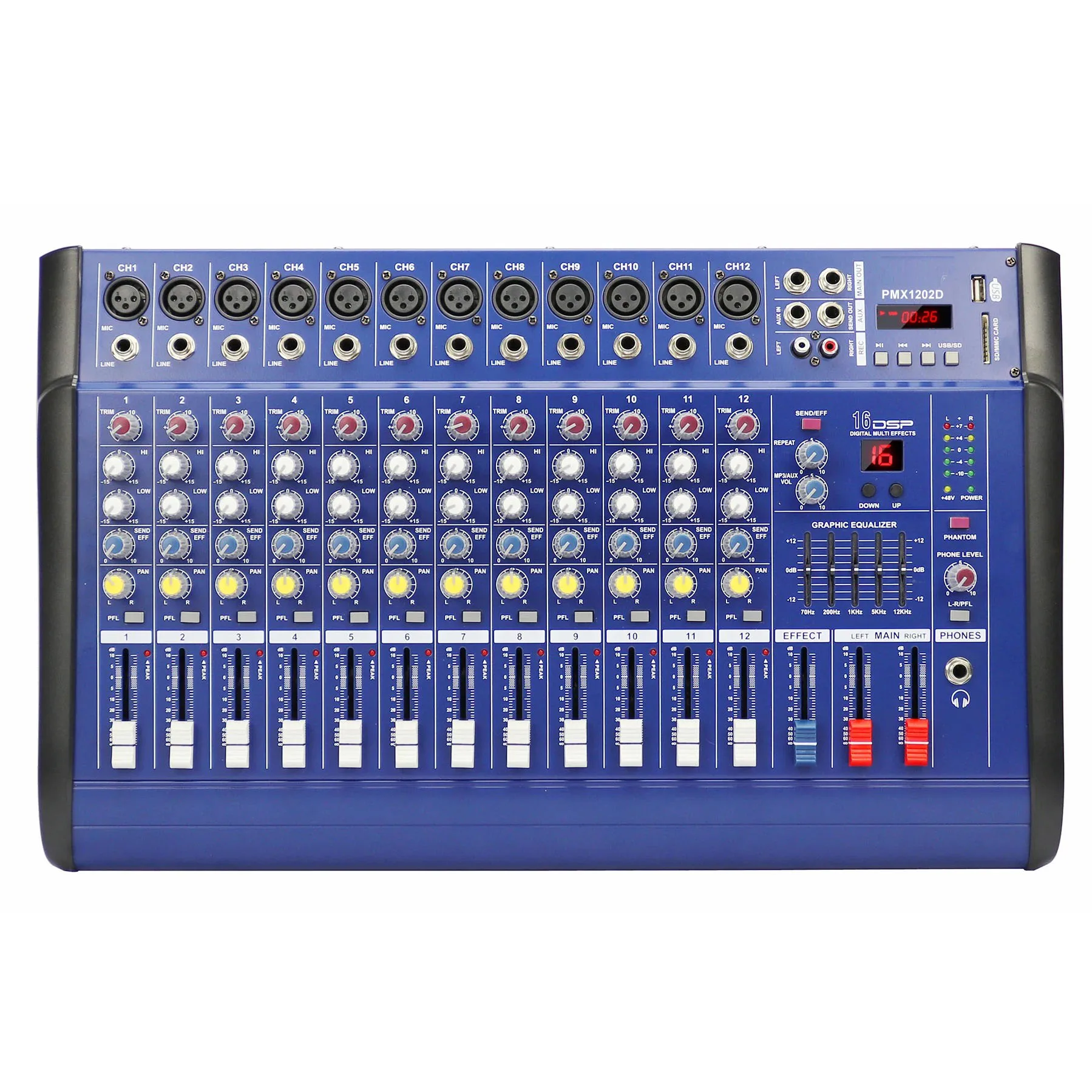 4/6/8/10/12CH Powered Mixer 2x300W Bluetooth 16 DSP Effects 48V Phantom Power 2-Band EQ Live Streaming Karaoke Church