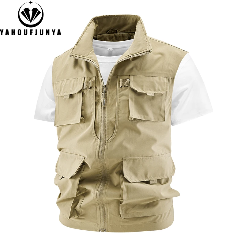 New Summer Men Fishing Multiple Pockets Solid Stand Collar Vest Men Sleeveless Outdoor Casual Breathable Zipper Vest Male Coat