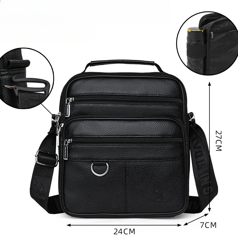 Real leather men's large capacity hand-held crossbody bag with multiple pockets for commuting and traveling