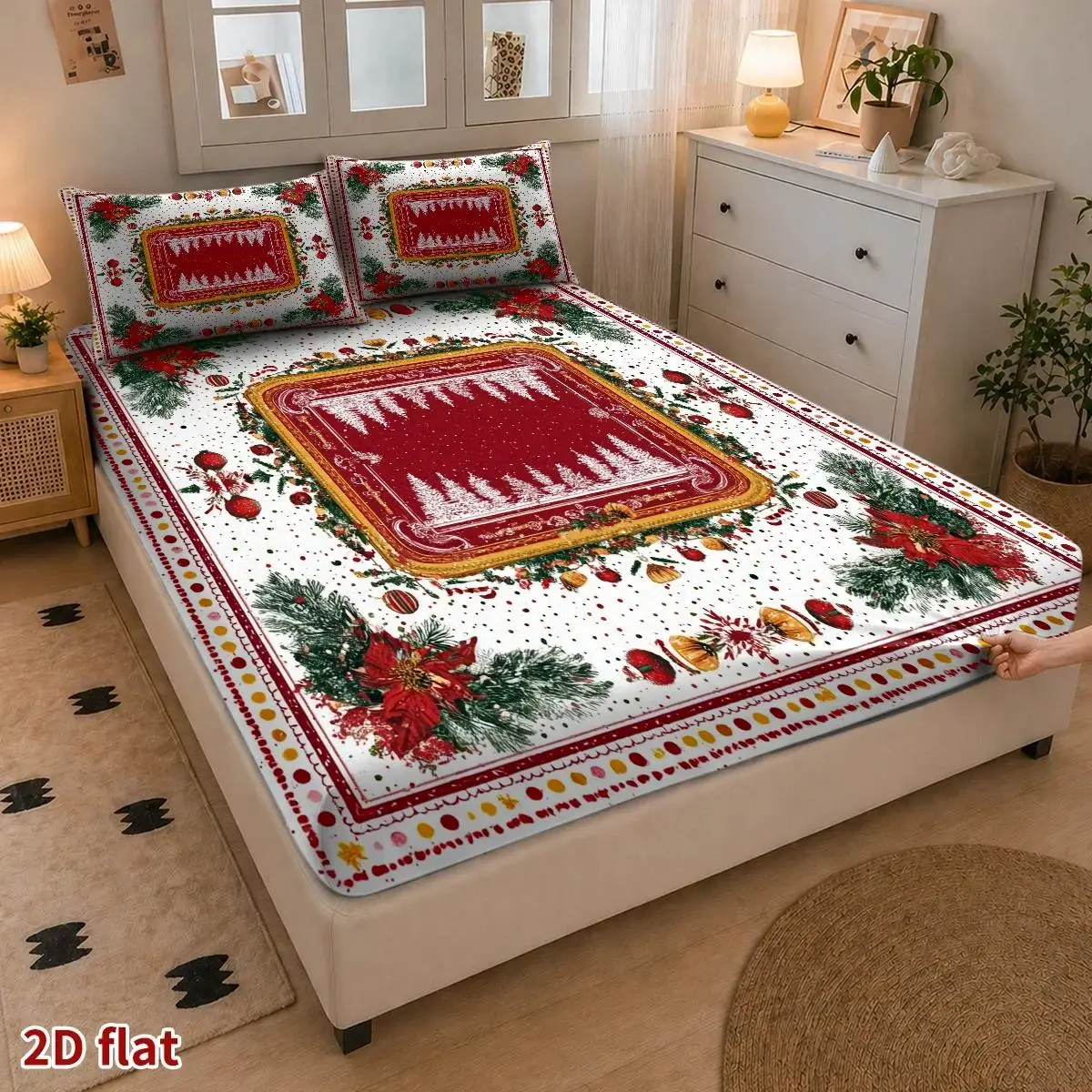 Christmas 2D Digital Print Three-Piece Bedding Set (Includes 1 Fitted Sheet + 2 Pillowcases) Mattress Protector Fitted Sheet Style Elastic Cover Protector 2D Flat Priting, Mattress Protector, Christmas Pine Branches and Red Flowers Pattern, Vintage Oil Painting Style, Christmas Holiday Decoration, Various Sizes, Breathable Protector with Pillowcase