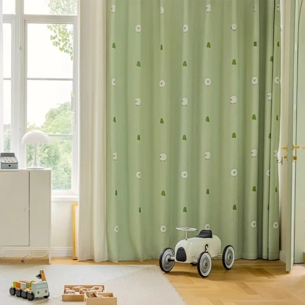 Childrens Room Curtains Light Blocking Bedroom for Boys Girls New Cartoon Pattern Cute Green Pastoral Style Fresh Design Drapes