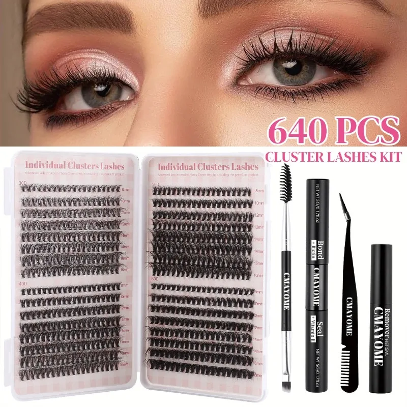 

640 Clusters Eyelash Extension Kit Book 304050D Lash Cluster Curl Individual Lashes Large Capacity with Bond and Seal Tweezers