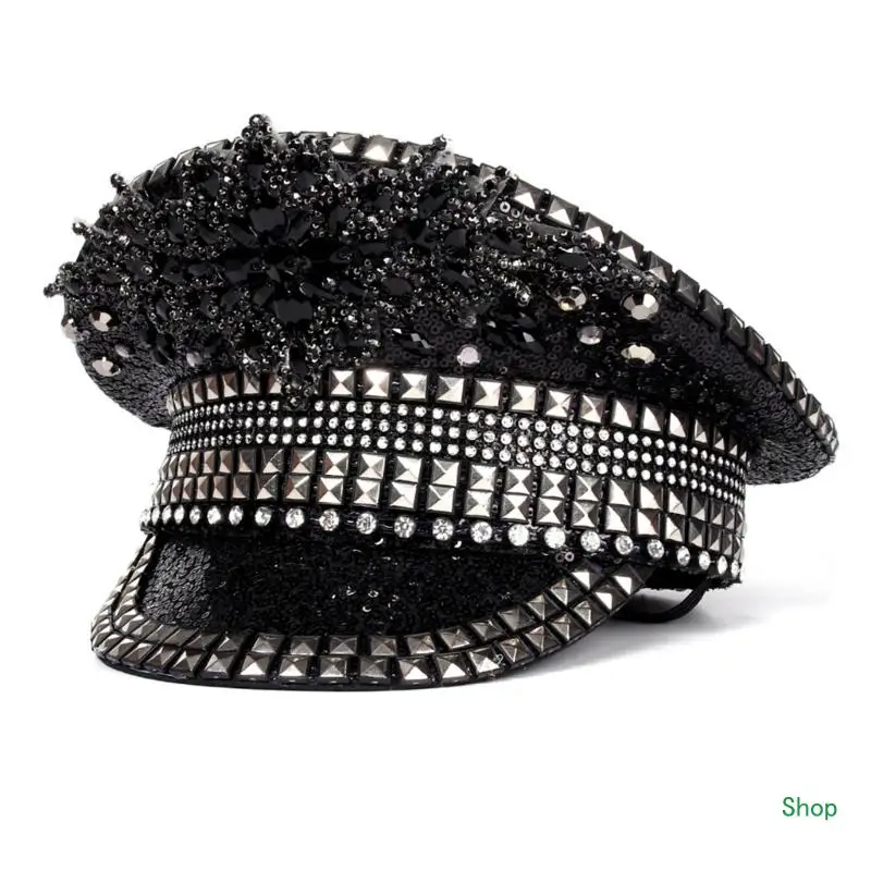 

Dropship Bejeweled Hat Heavy Crystal Captain Hat Versatile for Men Women Dancer Comedian